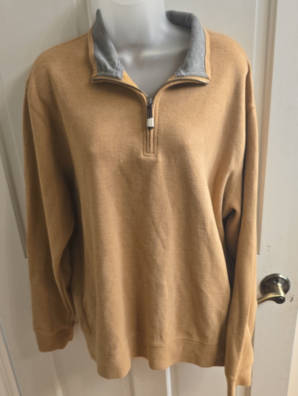 Lands' End Men's Camel Zip-Neck Sweater with Gray Inner Collar
